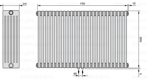 Схема (чертеж) Радиатор Zehnder Charleston 6200/25 №5410 Белый глянцевый RAL 9016